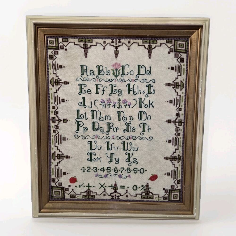 Vtg Framed Cross Stitch Alphabet Sampler Wall Art Needlepoint Cottagecore 24x29"